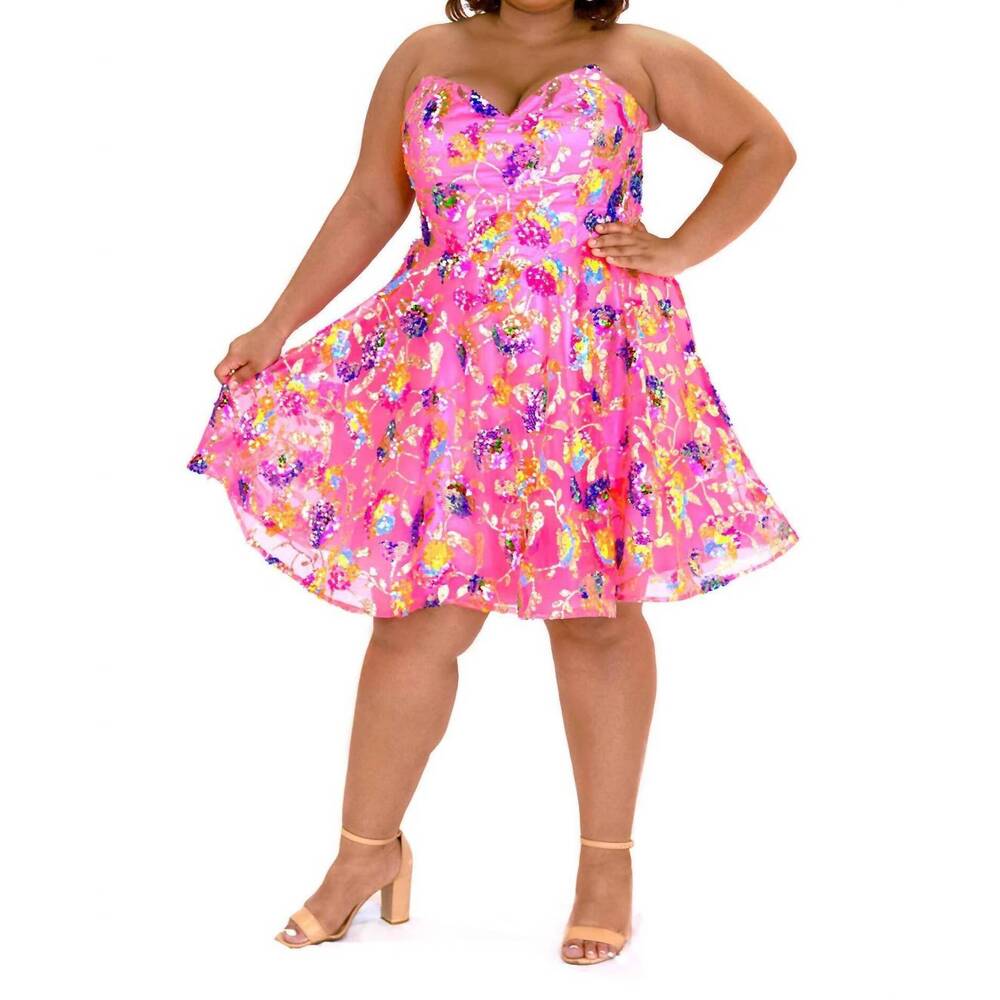 NEW SYDNEY'S CLOSET strapless printed a-line dress in bubblegum